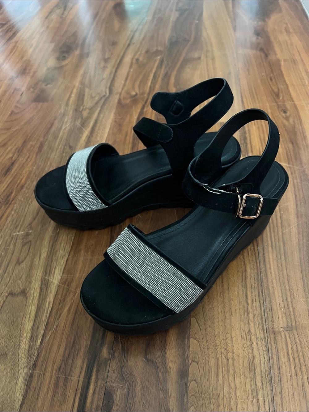 Women's Black Platform Sandals with Silver Accent Strap